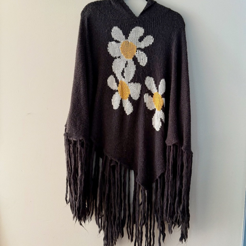 Wildfox White Label Oversized Daisy Fringed Hooded Poncho